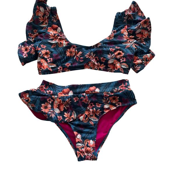 Tropical Floral Ruffle Bikini Set – High Waist Bottoms & Flutter‎ Sleeve Top - Picture 1 of 6